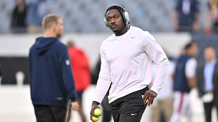 Oct 22, 2026; Chicago, Illinois, USA;  New England Patriots wide receiver A.J. Brown (1) warms up prior to the game against the Chicago Bears at Soldier Field.  Mandatory Credit: Patrick Gorski-Imagn Images