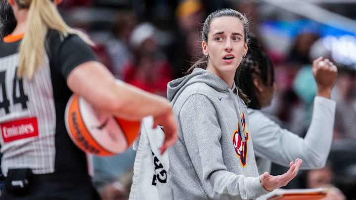 Indiana Fever Caitlin Clark (22) reacts to a call Saturday, May 3, 2025, during a preseason game between the Indiana Fever and the Washington Mystics at Gainbridge Fieldhouse in Indianapolis.