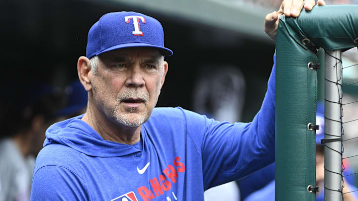 Jun 8, 2025; Washington, District of Columbia, USA; Texas Rangers manager Bruce Bochy (15) in the dugout before the game against the Washington Nationals at Nationals Park.
