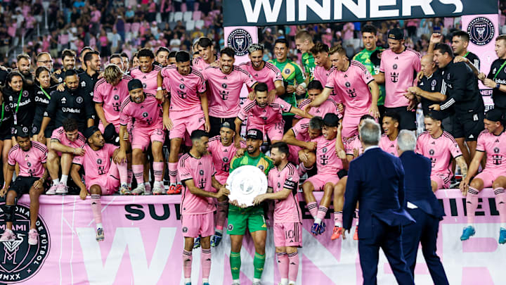 Inter Miami players celebrate winning the supporters shield 