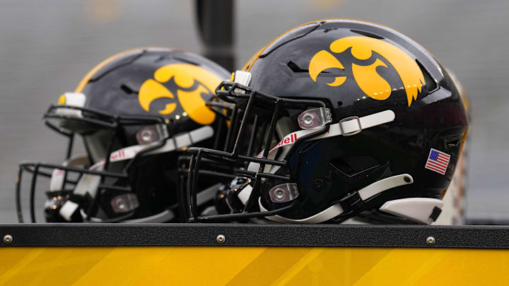 Oct 14, 2023; Madison, Wisconsin, USA; General view of Iowa Hawkeyes helmets prior to the game against the Wisconsin Badgers at Camp Randall Stadium. Oct 14, 2023; Madison, Wisconsin, USA; General view of Iowa Hawkeyes helmets prior to the game against the Wisconsin Badgers at Camp Randall Stadium.