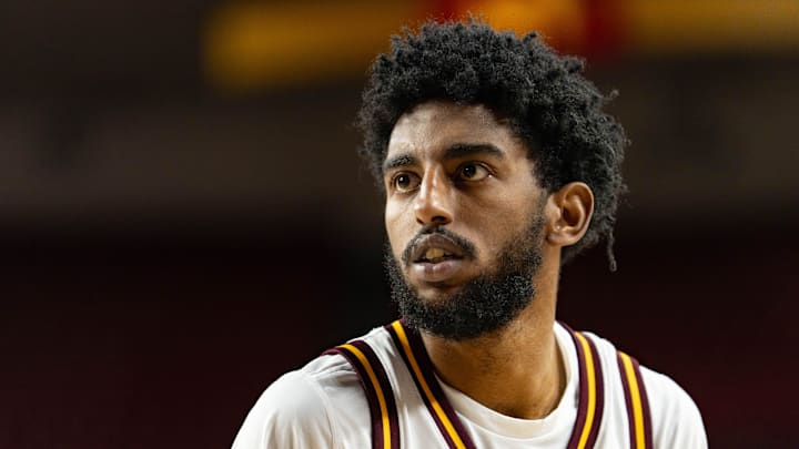 Arizona State Sun Devils Moe Odum (5) looks at the net before taking a shot during a game against the Southern Utah Thunderbirds at Desert Financial Arena in Tempe on Nov. 4, 2025.