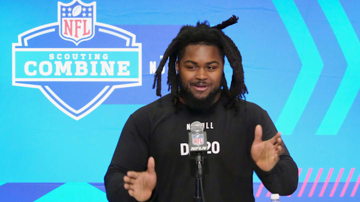 Feb 28, 2024; Indianapolis, IN, USA; Illinois defensive lineman Johnny Newton (DL20) speaks at a