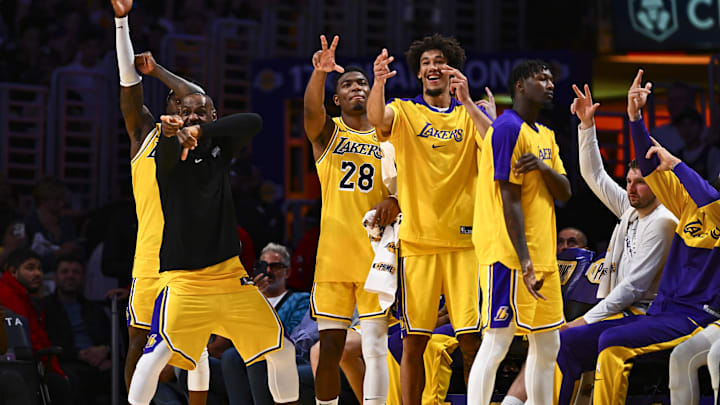 Apr 11, 2025; Los Angeles, California, USA; Los Angeles Lakers forward Jarred Vanderbilt (2), forward LeBron James (23), forward Rui Hachimura (28), center Jaxson Hayes (11), and Luka Doncic (77) celebrate after scoring against the Houston Rockets during the second half at Crypto.com Arena. Mandatory Credit: Jonathan Hui-Imagn Images Apr 11, 2025; Los Angeles, California, USA; Los Angeles Lakers forward Jarred Vanderbilt (2), forward LeBron James (23), forward Rui Hachimura (28), center Jaxson Hayes (11), and Luka Doncic (77) celebrate after scoring against the Houston Rockets during the second half at Crypto.com Arena. Mandatory Credit: Jonathan Hui-Imagn Images