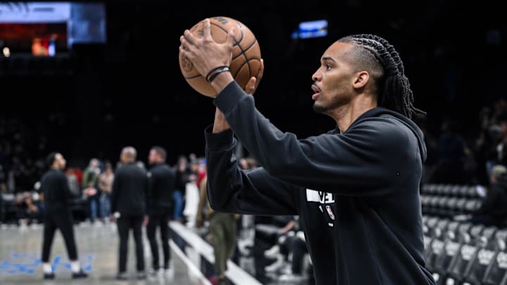 Jan 19, 2026; Brooklyn, New York, USA; Brooklyn Nets forward Ziaire Williams (1) warms up before a game against the Phoenix Suns at Barclays Center. Mandatory Credit: John Jones-Imagn Images