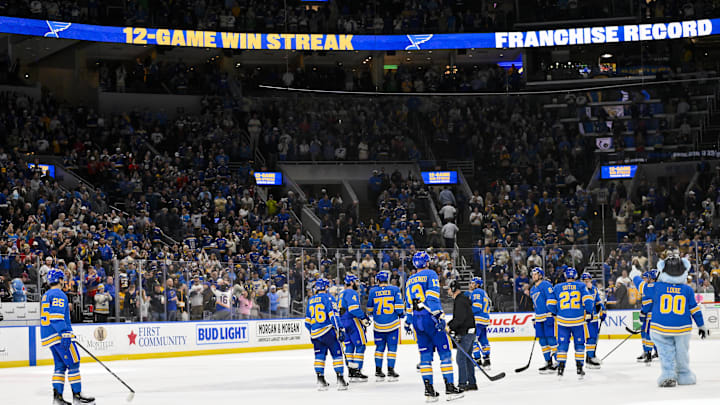 Apr 5, 2025; St. Louis, Missouri, USA;  St. Louis Blues salute their fans and celebrate after the Blues won their franchise record 12th straight win after a victory over the Colorado Avalanche at Enterprise Center. Mandatory Credit: Jeff Curry-Imagn Images