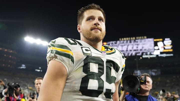 Sep 11, 2025; Green Bay, Wisconsin, USA; Green Bay Packers tight end Tucker Kraft (85) looks on after the game against the Washington Commanders at Lambeau Field. Mandatory Credit: Jeff Hanisch-Imagn Images