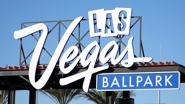 Feb 3, 2022; Las Vegas, NV, USA; A general overall view of the Las Vegas Ballpark sign. Mandatory Credit: Kirby Lee-Imagn Images