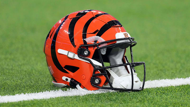 Nov 17, 2024; Inglewood, California, USA; A Cincinnati Bengals Riddell Speedflex helmet on the field at SoFi Stadium. Mandatory Credit: Kirby Lee-Imagn Images