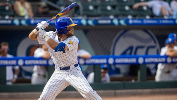 May 23, 2024; Charlotte, NC, USA; Pittsburgh Panthers infielder Jake Kendro (4) at bat in the seventh inning against the North Carolina Tar Heels during the ACC Baseball Tournament at Truist Field. Mandatory Credit: Scott Kinser-Imagn Images