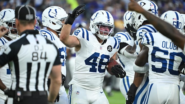 Aug 7, 2025; Baltimore, Maryland, USA; Indianapolis Colts linebacker Joe Bachie (48) celebrates after an interception against the Baltimore Ravens during the second quarter at M&T Bank Stadium. Mandatory Credit: Rafael Suanes-Imagn Images