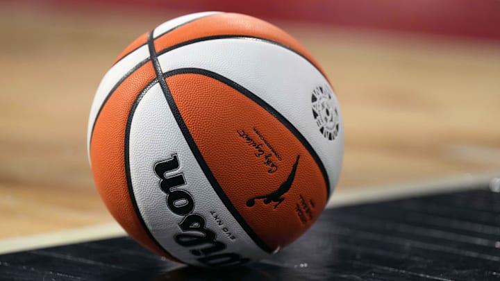 Sep 24, 2023; Las Vegas, Nevada, USA; A Wilson official WNBA basketball on the court during game one of the 2023 WNBA Semifinals between the Dallas Wings and the Las Vegas Aces at Michelob Ultra Arena.  Mandatory Credit: Kirby Lee-Imagn Images