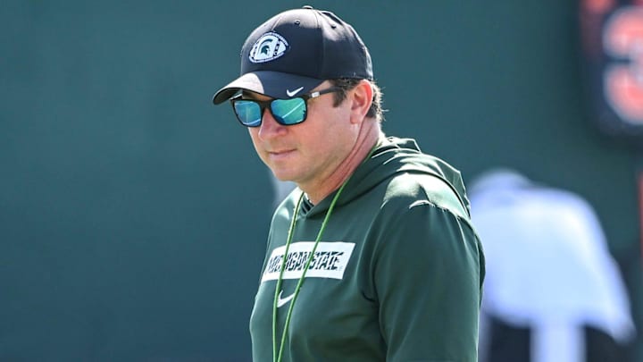Michigan State football head coach Jonathan Smith looks on during practice on Monday, Aug. 11, 2025, in East Lansing.