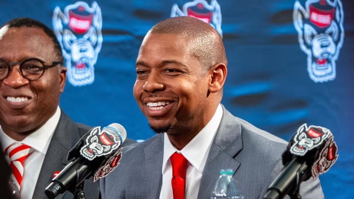 NC State men's basketball coach Justin Gainey speaks during his introductory press conference on April 1, 2026.