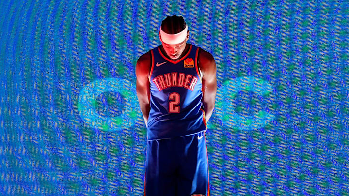 Shai Gilgeous-Alexander (2) during the Thunder Media Day for the 25-26 NBA season at the Paycom Center Monday, Sept. 29, 2025.
