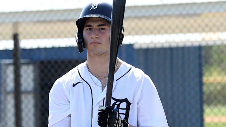 Detroit Tigers infield prospect Izaac Pacheco waits to bat during spring training Minor League minicamp.