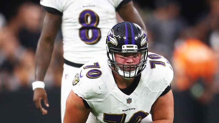 Sep 13, 2021; Paradise, Nevada, USA; Baltimore Ravens guard Kevin Zeitler (70) against the Las Vegas Raiders during Monday Night Football at Allegiant Stadium. Mandatory Credit: Mark J. Rebilas-Imagn Images
