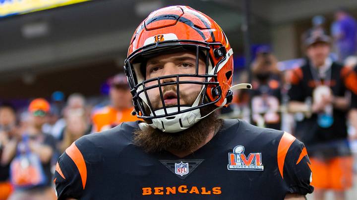 Feb 13, 2022; Inglewood, CA, USA; Cincinnati Bengals offensive tackle Jonah Williams (73) against the Los Angeles Rams during Super Bowl LVI at SoFi Stadium. Mandatory Credit: Mark J. Rebilas-USA TODAY Sports