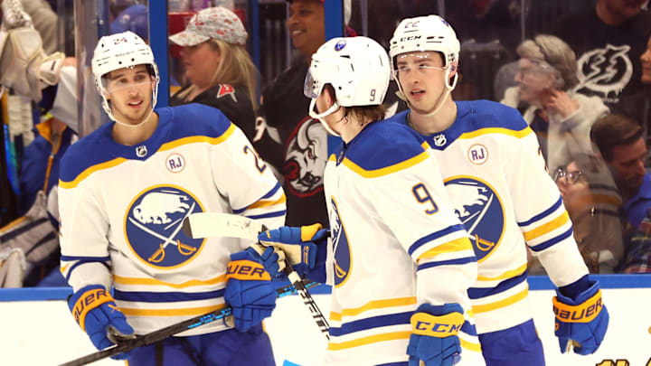 Apr 15, 2024; Tampa, Florida, USA;  Buffalo Sabres left wing Zach Benson (9) celebrates after he