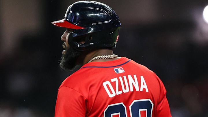 Atlanta Braves designated hitter Marcell Ozuna (20) was in the game against the New York Mets during the eighth inning at Truist Park.