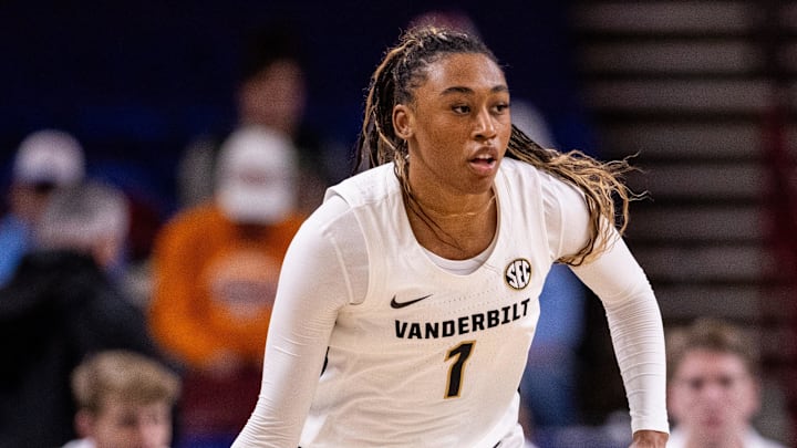 Mar 6, 2025; Greenville, SC, USA; Vanderbilt Commodores guard Mikayla Blakes (1) brings the ball up court against the Tennessee Lady Vols during the second half at Bon Secours Wellness Arena. Mandatory Credit: Scott Kinser-Imagn Images