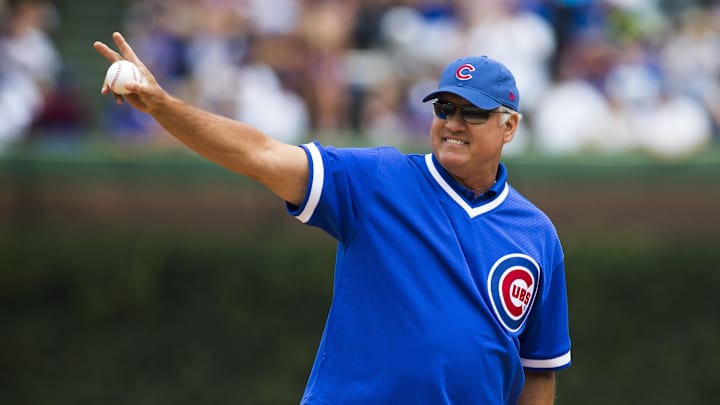 Jul 24, 2017; Chicago, IL, USA; Chicago Cubs former player Ryne Sandberg throws out the first pitch before the game against the Chicago White Sox at Wrigley Field. 