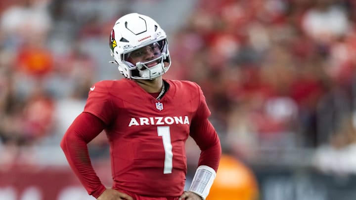 Aug 9, 2025; Glendale, Arizona, USA; Arizona Cardinals quarterback Kyler Murray (1) reacts after a yellow penalty flag is thrown against the Kansas City Chiefs during a preseason NFL game at State Farm Stadium. Mandatory Credit: Mark J. Rebilas-Imagn Images
