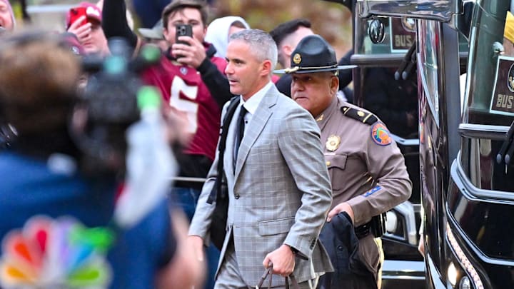 Nov 9, 2024; South Bend, Indiana, USA; Florida State Seminoles head coach Mike Norvell arrives at Notre Dame Stadium for the game against the Notre Dame Fighting Irish. Mandatory Credit: Matt Cashore-Imagn Images