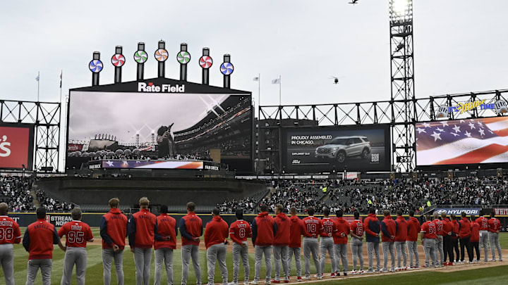 Mar 27, 2025; Chicago, Illinois, USA;  A flyover of helicopters during Chicago White Sox Opening Day against the Los Angeles Angels at Guaranteed Rate Field. Mandatory Credit: Matt Marton-Imagn Images