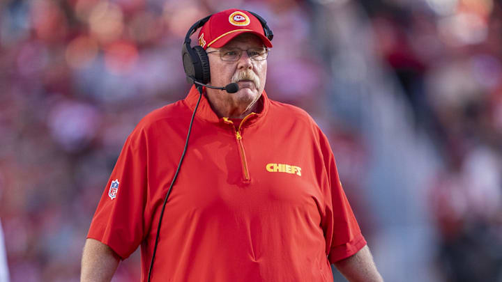 October 20, 2024; Santa Clara, California, USA; Kansas City Chiefs head coach Andy Reid argues with the referee during the fourth quarter against the San Francisco 49ers at Levi's Stadium. Mandatory Credit: Kyle Terada-Imagn Images