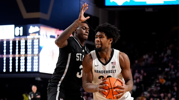 Vanderbilt forward Jaylen Carey (22) is guarded by Mississippi State forward KeShawn Murphy (3) during the second half at Memorial Gymnasium in Nashville, Tenn., Tuesday, Jan. 7, 2025. Vanderbilt forward Jaylen Carey (22) is guarded by Mississippi State forward KeShawn Murphy (3) during the second half at Memorial Gymnasium in Nashville, Tenn., Tuesday, Jan. 7, 2025.