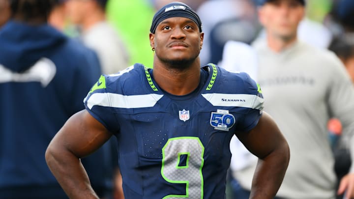 Sep 21, 2025; Seattle, Washington, USA; Seattle Seahawks running back Kenneth Walker III (9) looks on from the sideline during the second half against the New Orleans Saints at Lumen Field. Sep 21, 2025; Seattle, Washington, USA; Seattle Seahawks running back Kenneth Walker III (9) looks on from the sideline during the second half against the New Orleans Saints at Lumen Field.