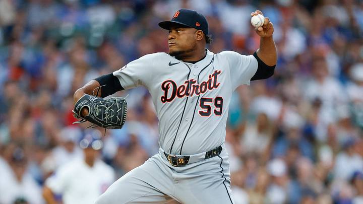 Detroit Tigers starting pitcher Framber Valdez (59) delivers a pitch on the road. Detroit Tigers starting pitcher Framber Valdez (59) delivers a pitch on the road.