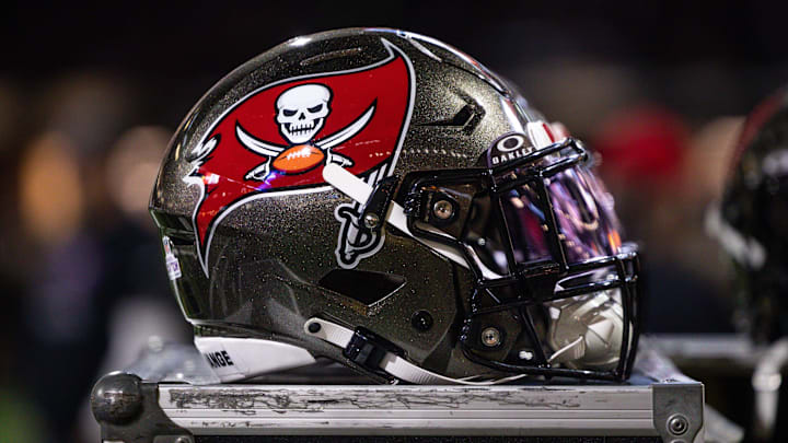 Oct 13, 2024; New Orleans, Louisiana, USA;  Detailed view of the Tampa Bay Buccaneers helmet against the New Orleans Saints during the first half at Caesars Superdome. Mandatory Credit: Stephen Lew-Imagn Images