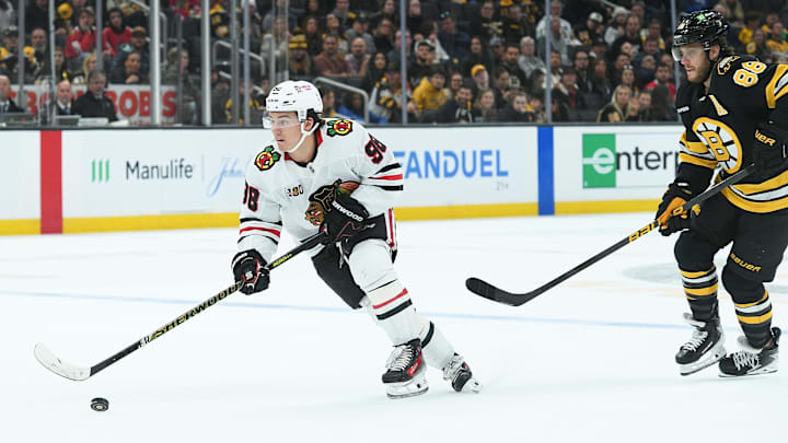 Oct 9, 2025; Boston, Massachusetts, USA; Chicago Blackhawks center Connor Bedard (98) skates in on goal during overtime against the Boston Bruins at TD Garden. Mandatory Credit: Bob DeChiara-Imagn Images