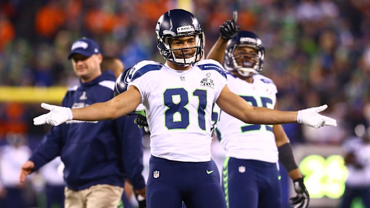 Seattle Seahawks wide receiver Golden Tate reacts against the Denver Broncos in Super Bowl XLVIII.