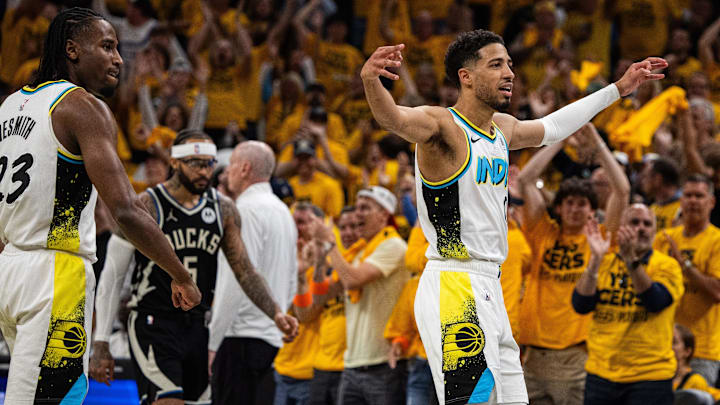 Apr 29, 2025; Indianapolis, Indiana, USA; Indiana Pacers guard Tyrese Haliburton (0) celebrates a made basket during game five of the first round for the 2024 NBA Playoffs against the Milwaukee Bucks  at Gainbridge Fieldhouse. Mandatory Credit: Trevor Ruszkowski-Imagn Images