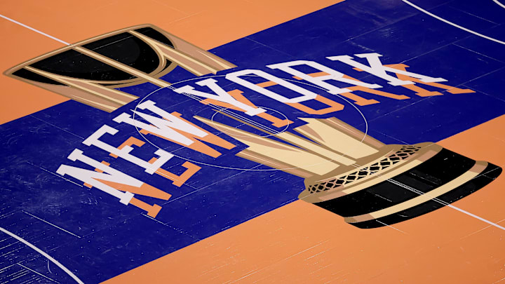 Nov 24, 2023; New York, New York, USA; General view of the in-season tournament court logo during warmups before a game between the New York Knicks and the Miami Heat at Madison Square Garden. Mandatory Credit: Brad Penner-Imagn Images Nov 24, 2023; New York, New York, USA; General view of the in-season tournament court logo during warmups before a game between the New York Knicks and the Miami Heat at Madison Square Garden. Mandatory Credit: Brad Penner-Imagn Images