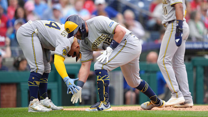 May 31, 2025; Philadelphia, Pennsylvania, USA; Milwaukee Brewers infielder Rhys Hoskins (12) reacts with catcher William Contreras (24) after hitting a three-run home run against the Philadelphia Phillies in the fourth inning at Citizens Bank Park. Mandatory Credit: Kyle Ross-Imagn Images