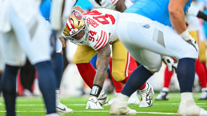 Aug 10, 2024; Nashville, Tennessee, USA; San Francisco 49ers linebacker Yetur Gross-Matos (94) down in his stance against the Tennessee Titans during the first half at Nissan Stadium. Mandatory Credit: Steve Roberts-USA TODAY Sports Aug 10, 2024; Nashville, Tennessee, USA; San Francisco 49ers linebacker Yetur Gross-Matos (94) down in his stance against the Tennessee Titans during the first half at Nissan Stadium. Mandatory Credit: Steve Roberts-USA TODAY Sports
