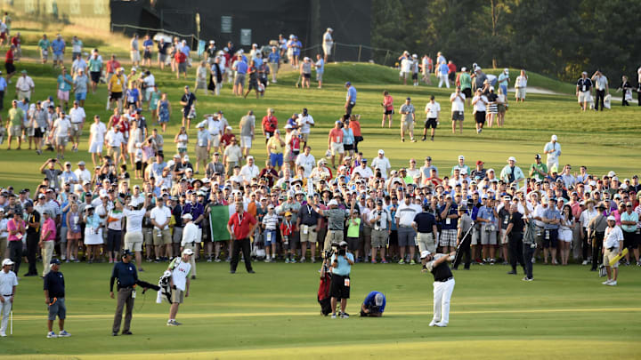 Jun 19, 2016; Oakmont, PA, USA; Shane Lowry hits from the 18th fairway during the final round of the U.S. Open golf tournament at Oakmont Country Club. Mandatory Credit: John David Mercer-Imagn Images
