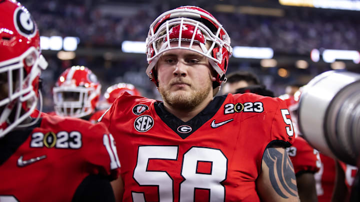 Jan 9, 2023; Inglewood, CA, USA; Georgia Bulldogs offensive lineman Austin Blaske (58) against the TCU Horned Frogs during the CFP national championship game at SoFi Stadium. Mandatory Credit: Mark J. Rebilas-Imagn Images