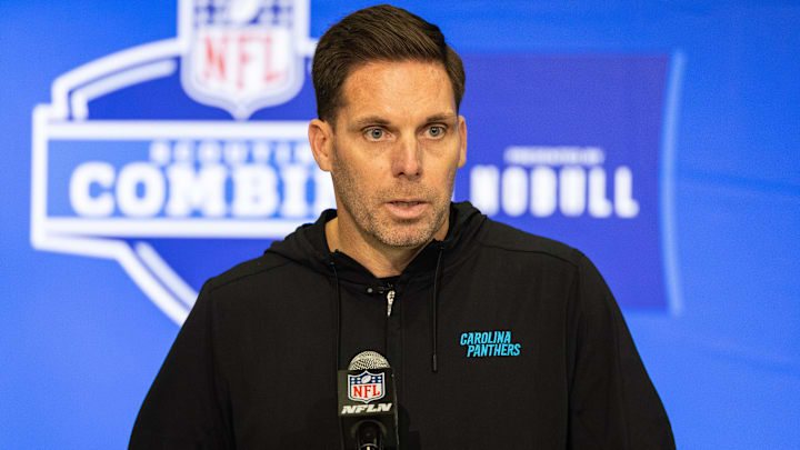 Feb 27, 2024; Indianapolis, IN, USA; Carolina Panthers President of Football Operations/General Manager Dan Morgan talks to the media at the 2024 NFL Combine at Indiana Convention Center. Mandatory Credit: Trevor Ruszkowski-Imagn Images