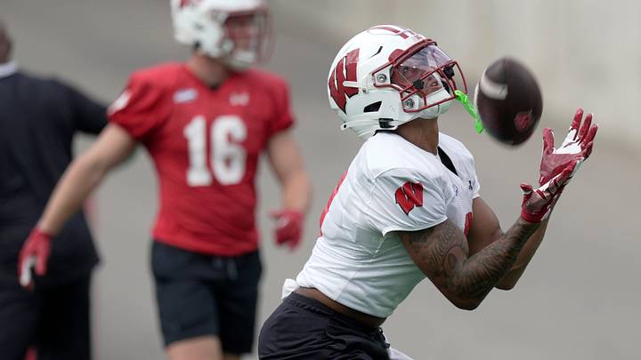 Wisconsin wide receiver Jaylon Domingeaux (9) is shown during football practice Thursday, August 6, 2026 at Camp Randall Stadium in Madison, Wisconsin.