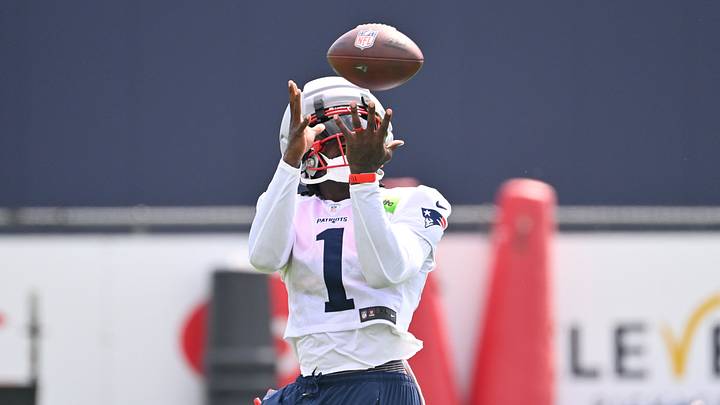 Jul 28, 2026; Foxborough, MA, USA; New England Patriots wide receiver A.J. Brown (1) makes a catch during training camp at Gillette Stadium. Mandatory Credit: Eric Canha-Imagn Images Jul 28, 2026; Foxborough, MA, USA; New England Patriots wide receiver A.J. Brown (1) makes a catch during training camp at Gillette Stadium. Mandatory Credit: Eric Canha-Imagn Images