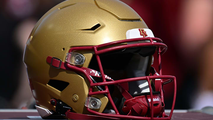 Sep 28, 2024; Chestnut Hill, Massachusetts, USA; A Boston College Eagles helmet sits on an equipment case before the first half against the Western Kentucky Hilltoppers at Alumni Stadium. Mandatory Credit: Eric Canha-Imagn Images
