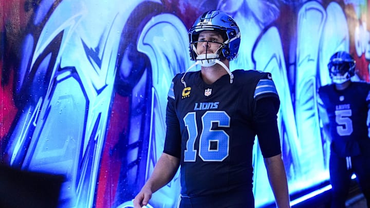 Detroit Lions quarterback Jared Goff (16) walks down the tunnel for warmup ahead of the New York Giants game at Ford Field in Detroit on Sunday, Nov. 23, 2025.