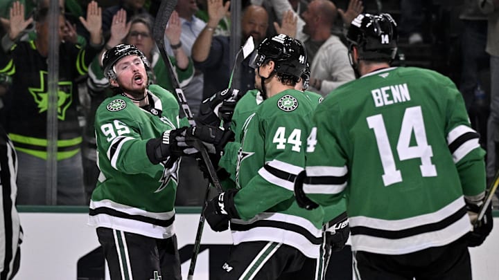Mar 24, 2025; Dallas, Texas, USA; Dallas Stars center Matt Duchene (95) and defenseman Cody Ceci (44) and left wing Jamie Benn (14) celebrates a goal scored by Duchene against the Minnesota Wild during the second period at the American Airlines Center. Mandatory Credit: Jerome Miron-Imagn Images