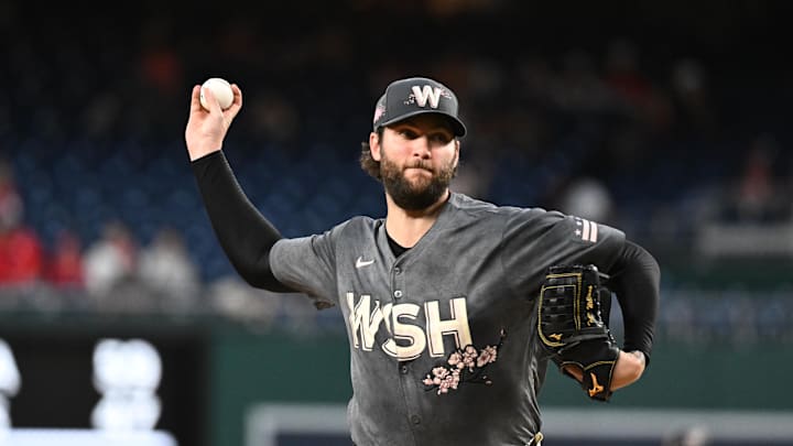 Sep 27, 2024; Washington, District of Columbia, USA;  Washington Nationals pitcher Trevor Williams (32) delivers a first inning pitch against the Philadelphia Phillies at Nationals Park. 