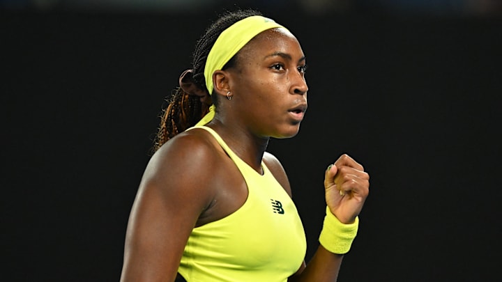 Coco Gauff celebrates during her second round match at the 2025 Australian Open.
